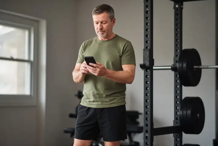 A man in his fifties in a home gym, checking his phone beside a squat rack.