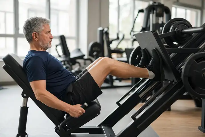 A man on a leg press machine in a gym.