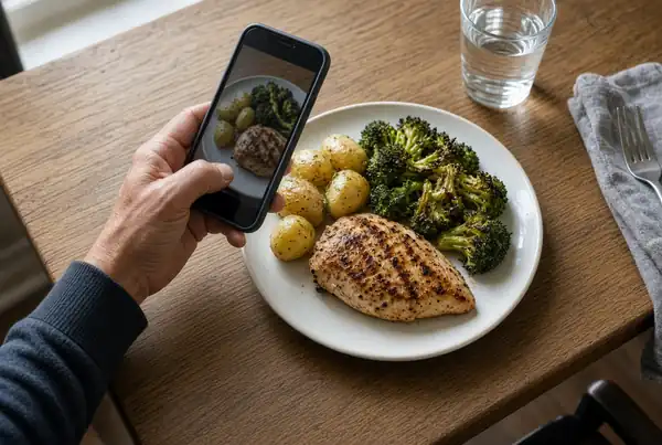 Photographing a plate of chicken, potatoes and broccoli with a phone.