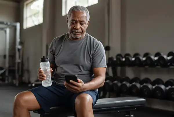 A man sitting on a gym bench with a water bottle, reading his phone.