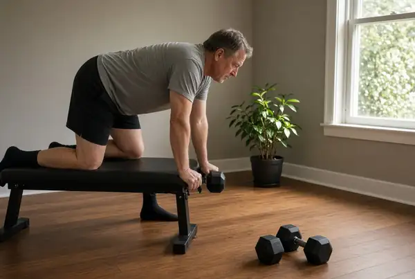 A man doing a one-arm dumbbell row with one hand and knee on a bench.