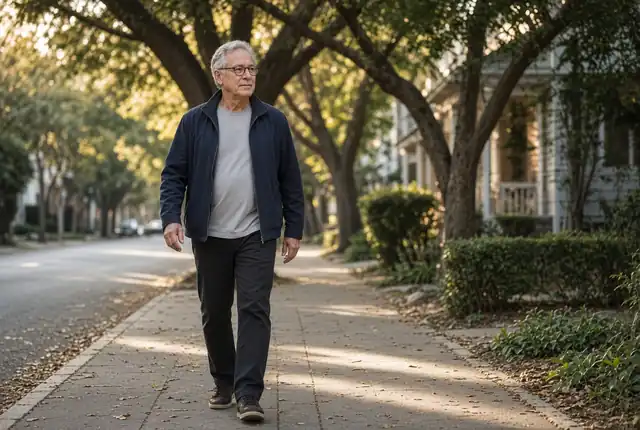 An older man in glasses walking along a tree-lined street in the late afternoon.